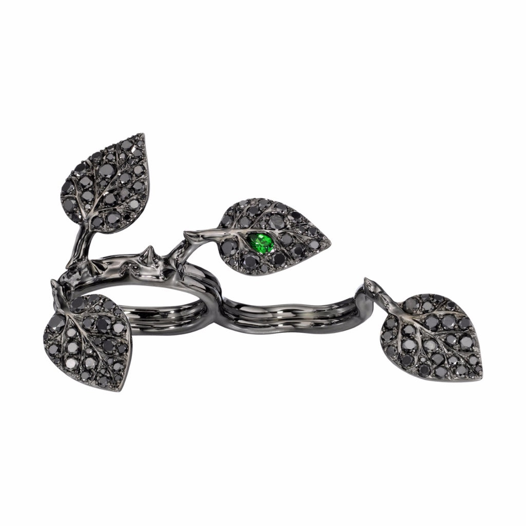 CN-026-R-WG Crows Nest 18K and Black Diamond Rose Leaf Ring