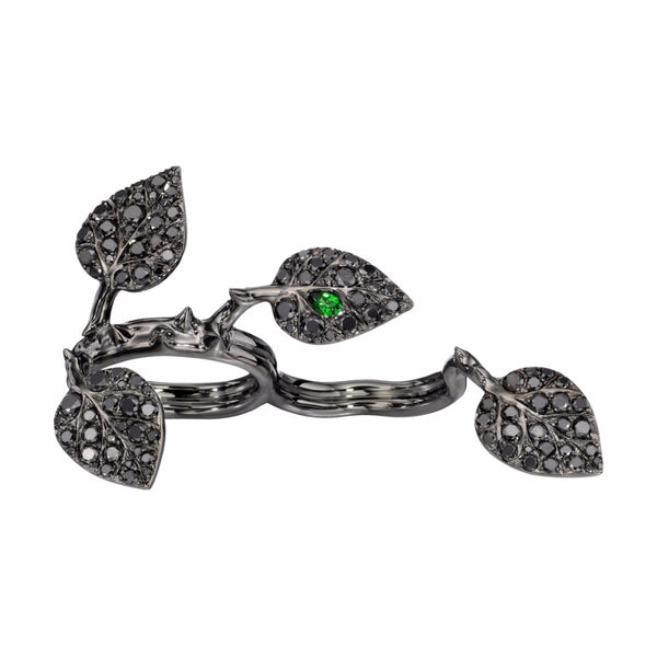 CN-026-R-WG Crows Nest 18K and Black Diamond Rose Leaf Ring