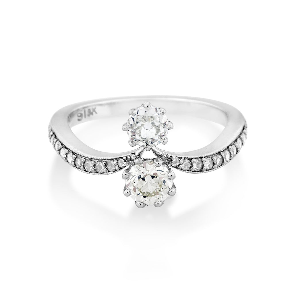 Double White Gold Round Old Mine Cut Diamond Ring
