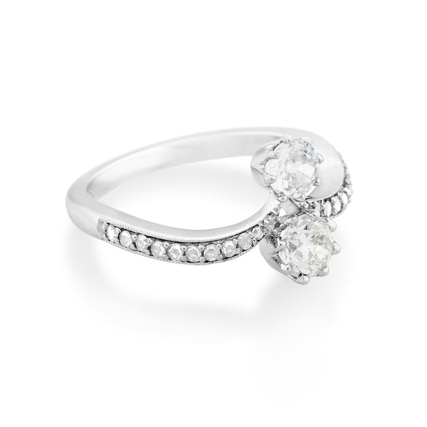 Double White Gold Round Old Mine Cut Diamond Ring