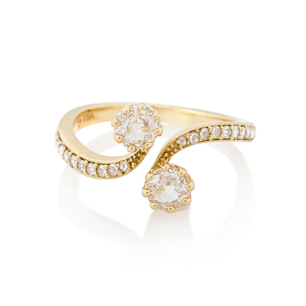 Double Yellow Gold Round Old Mine Cut Diamond Ring