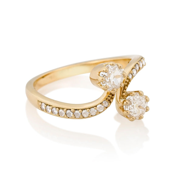 Double Yellow Gold Round Old Mine Cut Diamond Ring