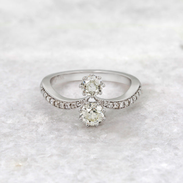 Double White Gold Round Old Mine Cut Diamond Ring